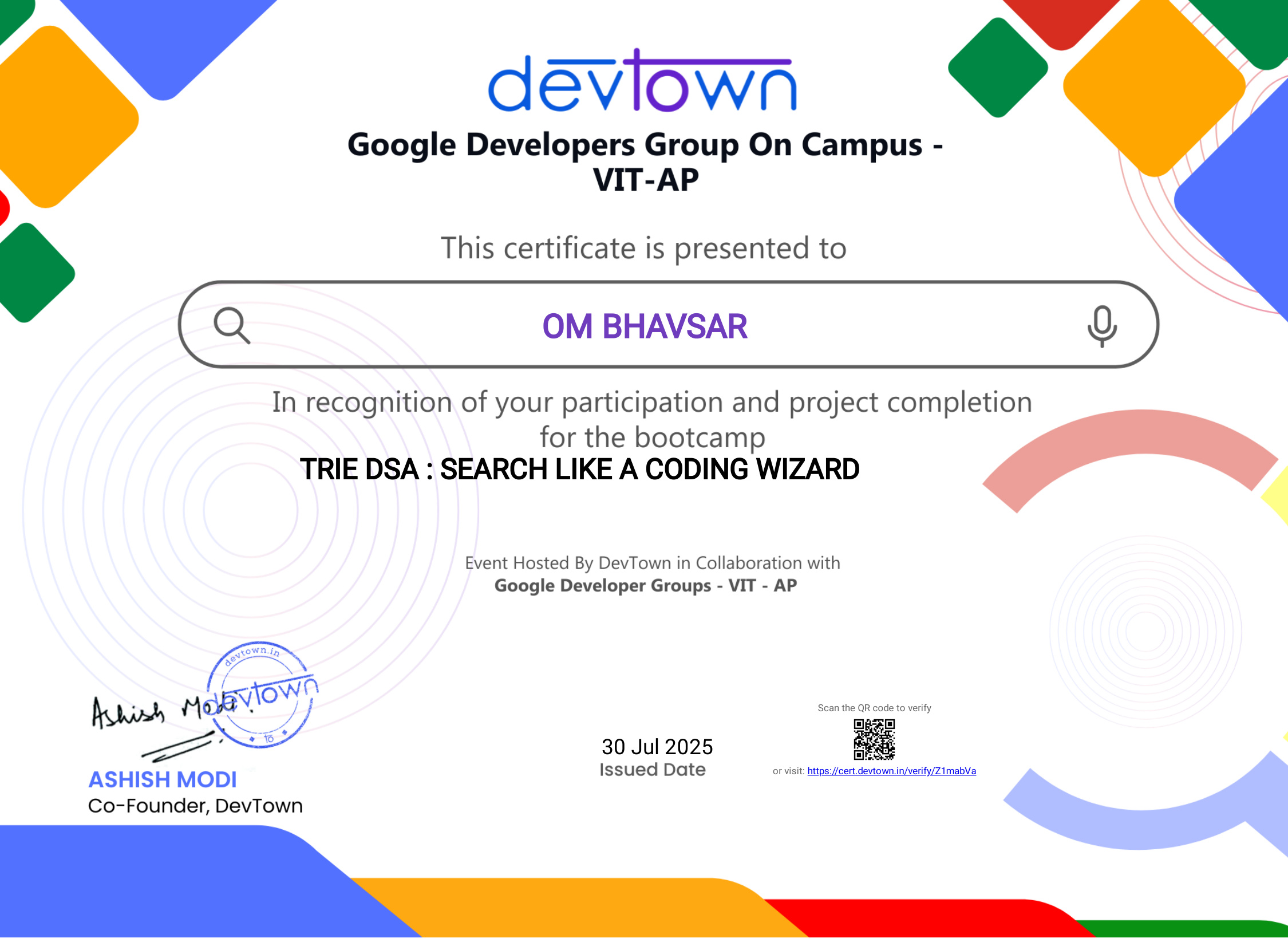 Professional Achievement Certificate